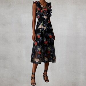 Anthropologie Vone Avalyn Floral Embroidered Ruffle Midi Dress Sleeveless size 6